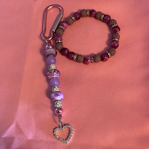 Chic Purple Beaded Bracelet And Keychain with Heart Charm